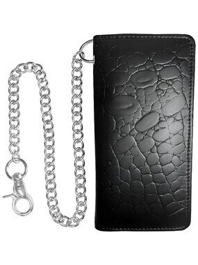 Long Bifold RFID Blocking Motorcycle Chain Wallet for Men Crocodile Black